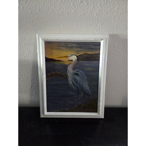 Vintage 1970s-90s Oil Painting Heron at Sunset 14x11" Framed Lake Scene Bird - Picture 1 of 9